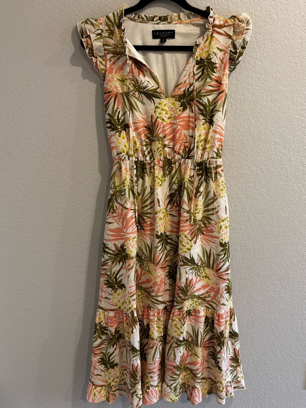 Laundry By Shelli Segal Cream Tropical Print V-Neck Midi Dress